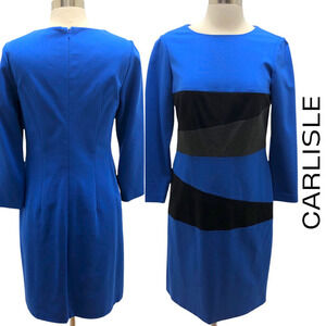 Carlisle Blue Black Gray‎ Color Block 3/4 Sleeve Midi Sheath Dress, 0